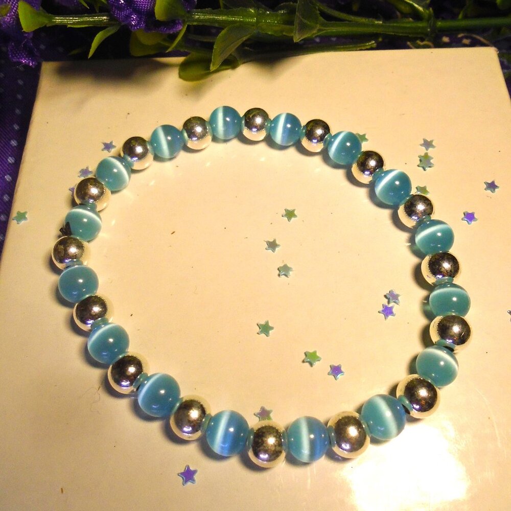 Blue Cats eye and 925 Sterling Silver beaded Bracelet